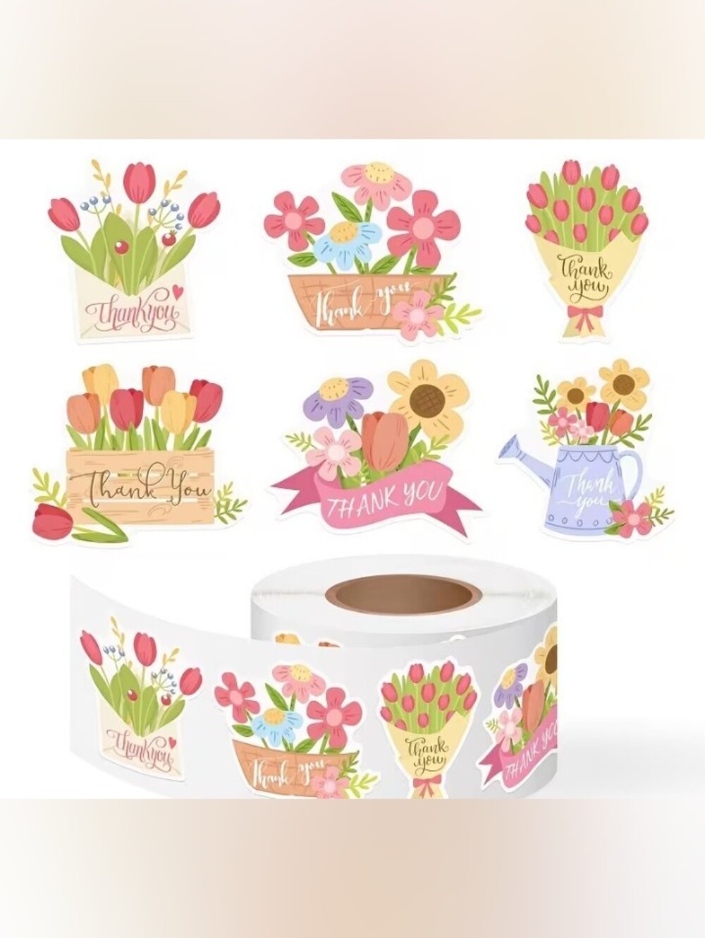 500 Floral 'Thank You' Sticker Roll - Pink Floral Designs